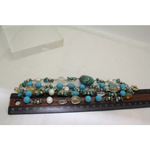 Vtg. .925 S.S. TURQUOISE, PEARL, QUARTZ MULTI STRAND bracelet 8