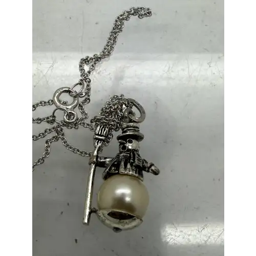 Vtg. BEAU STERLING .925 S.S. FAUX PEARL 3D SNOWMAN CHARM necklace (2)