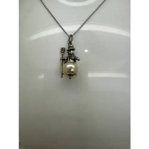 Vtg. BEAU STERLING .925 S.S. FAUX PEARL 3D SNOWMAN CHARM necklace (3)