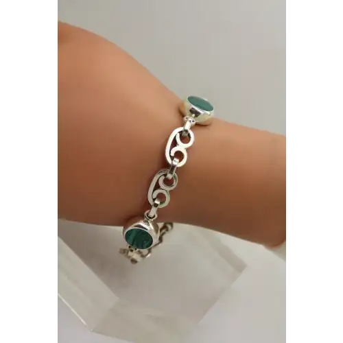Vtg. CHUNKY .925 S.S. MALACHITE STATION LINK bracelet 27g