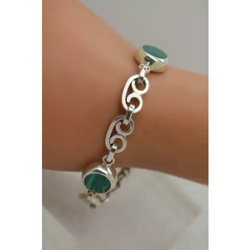 Vtg. CHUNKY .925 S.S. MALACHITE STATION LINK bracelet 27g