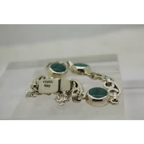 Vtg. CHUNKY .925 S.S. MALACHITE STATION LINK bracelet 27g