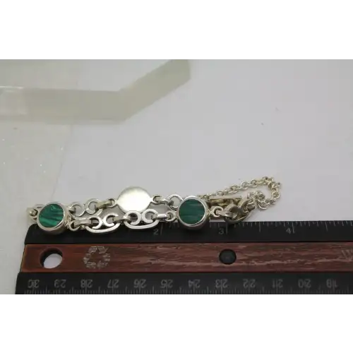 Vtg. CHUNKY .925 S.S. MALACHITE STATION LINK bracelet 27g