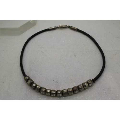 VTG. MEXICO .925 S.S. BLACK LEATHER CORDED SILVER BEADED necklace 16