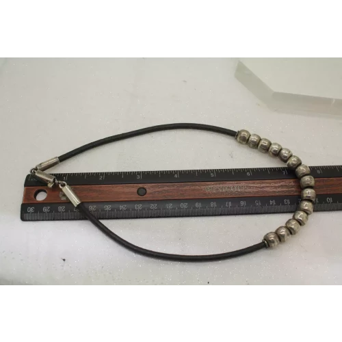 VTG. MEXICO .925 S.S. BLACK LEATHER CORDED SILVER BEADED necklace 16
