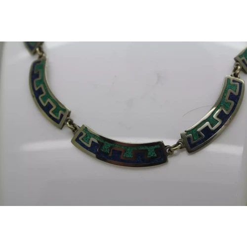 Vtg. MEXICO ALPACA Crushed TURQUOISE LAPIS INLAY PANEL necklace 16