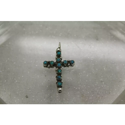 Vtg. NATIVE AMERICAN .925 S.S. DOUBLE SIDED TURQUOISE CORAL CROSS pend.