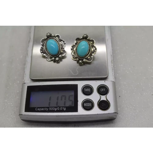 Vtg. NATIVE AMERICAN .925 S.S. TURQUOISE FEATHER ROPE DESIGN earrings
