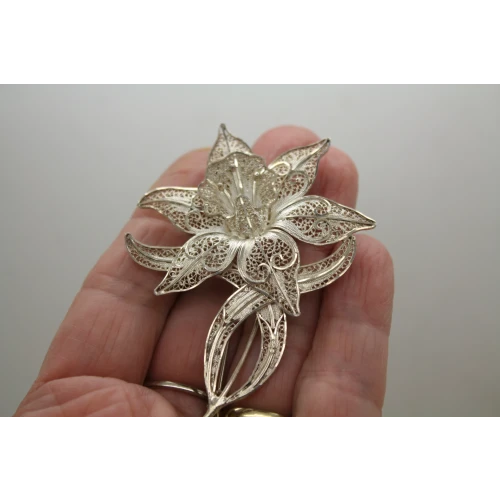 Vtg. SAFIR Made in Portugal Silver Wash FILIGREE IRIS FLOWER pin brooch