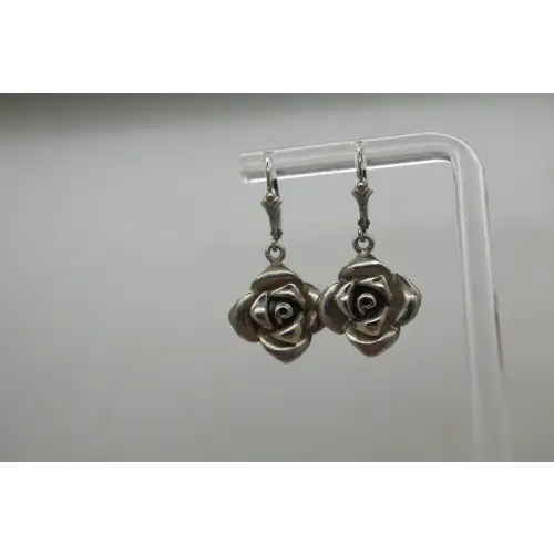 Vtg. Signed A .925 S.S. DIMENSIONAL ROSE FLOWER dangle earrings