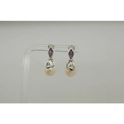 Vtg. Signed DSL .925 S.S. PEARL & AMETHYST FANCY DROP earrings