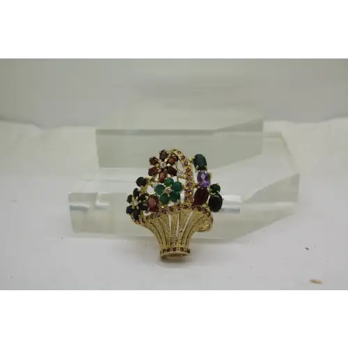 Vtg. Vermeil .925 S.S. SAPPHIRE RUBY EMERALD FLOWER BASKET pin #