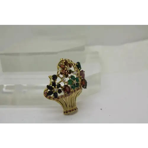 Vtg. Vermeil .925 S.S. SAPPHIRE RUBY EMERALD FLOWER BASKET pin #