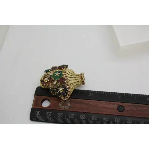 Vtg. Vermeil .925 S.S. SAPPHIRE RUBY EMERALD FLOWER BASKET pin #