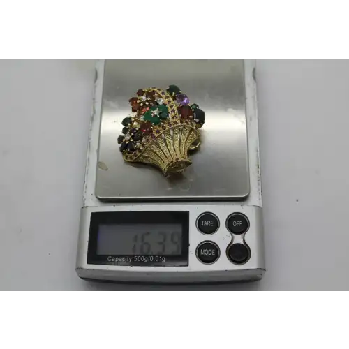 Vtg. Vermeil .925 S.S. SAPPHIRE RUBY EMERALD FLOWER BASKET pin #