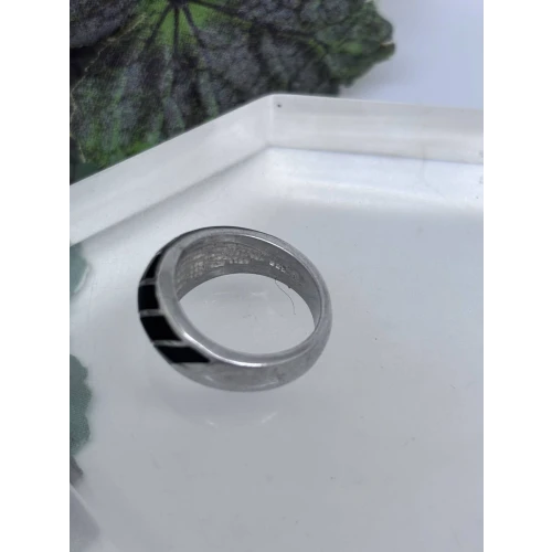 West Germany Signed DJ 925 Sterling Silver Striped Black Onyx Dome Ring  (2)