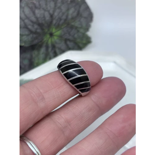 West Germany Signed DJ 925 Sterling Silver Striped Black Onyx Dome Ring  (3)